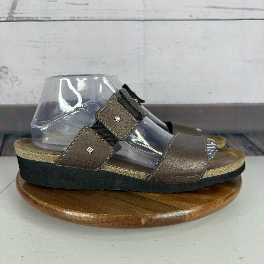 Naot Sandal Womens 11‎ Brown Leather Rhinestone Ashley Slip on Cork Wedge Shoe